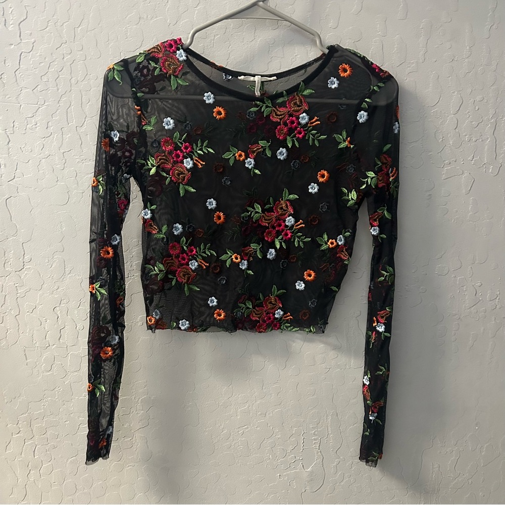 Urban Outfitters Sheer Embroidered Floral Long Sleeve